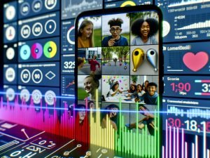Dynamischer Instagram-Feed mit mehreren bunten Reels und Stories, kreative Content-Produktion, Notizblätter, Text-Overlays, Emojis, Analytics-Grafiken und technische Daten im Hintergrund.
