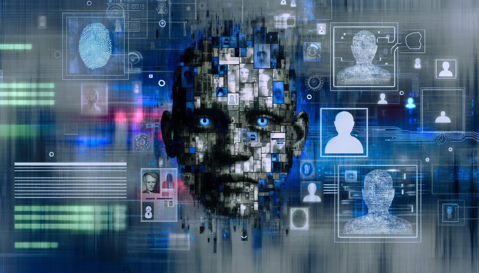 Abstraktes digitales Porträt einer künstlichen Person mit echten und virtuellen Datenfragmenten, überlagert von Code, Social-Media-Icons, biometrischen Mustern und simulierten Ausweisdokumenten vor einer von Datenströmen und KI-Avataren geprägten Umgebung.