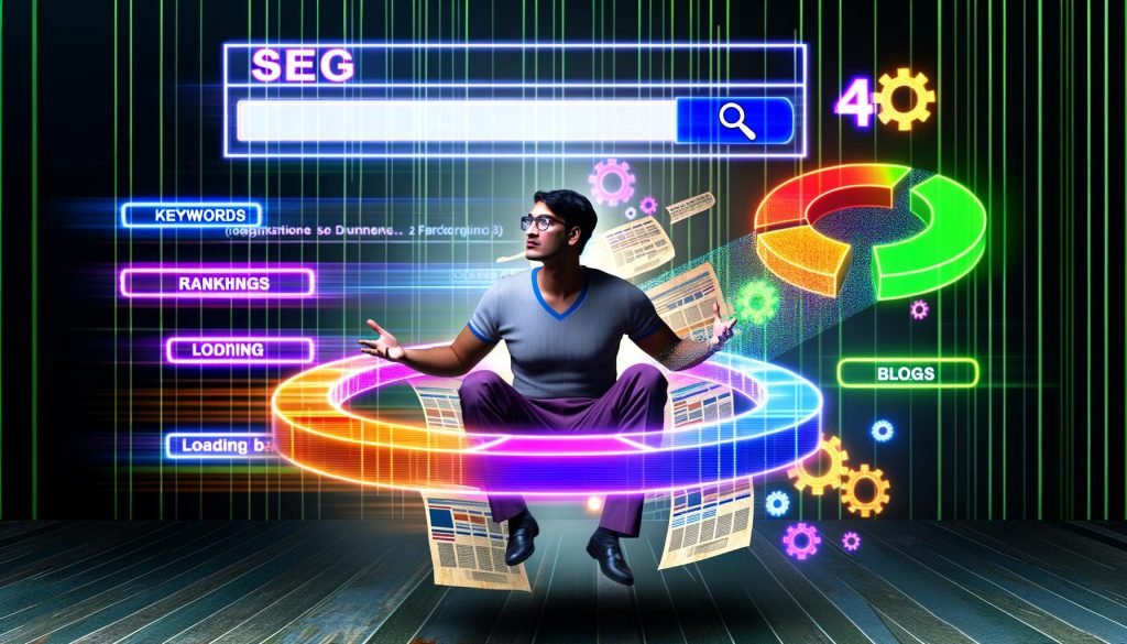 Moderner Blogger sitzt konzentriert inmitten digitaler SEO-Elemente, umgeben von Keywords, Diagrammen und Blogseiten.