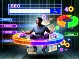 Moderner Blogger sitzt konzentriert inmitten digitaler SEO-Elemente, umgeben von Keywords, Diagrammen und Blogseiten.