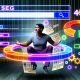 Moderner Blogger sitzt konzentriert inmitten digitaler SEO-Elemente, umgeben von Keywords, Diagrammen und Blogseiten.