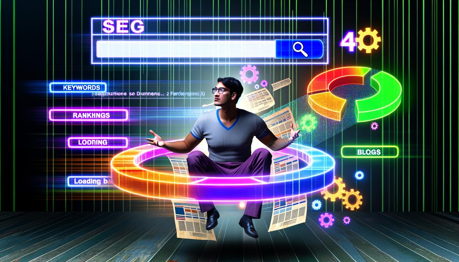 Moderner Blogger sitzt konzentriert inmitten digitaler SEO-Elemente, umgeben von Keywords, Diagrammen und Blogseiten.