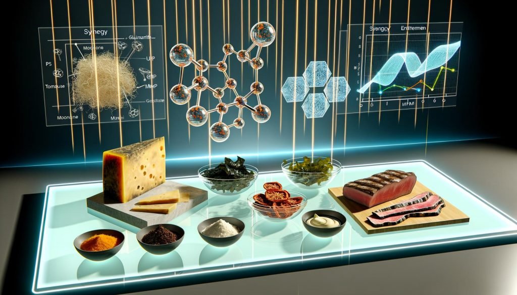 Futuristisches Küchenlabor mit Umami-Zutaten auf einem Glastisch, Molekülmodellen und wissenschaftlicher Visualisierung im Hintergrund.