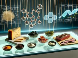 Futuristisches Küchenlabor mit Umami-Zutaten auf einem Glastisch, Molekülmodellen und wissenschaftlicher Visualisierung im Hintergrund.