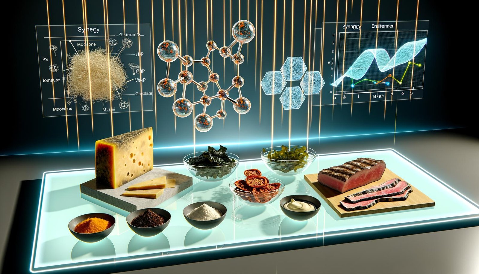 Futuristisches Küchenlabor mit Umami-Zutaten auf einem Glastisch, Molekülmodellen und wissenschaftlicher Visualisierung im Hintergrund.