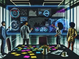 Futuristisches Büro mit digitalem Marketingteam, das vor einem großen Bildschirm mit Analysedaten, Social Media Feeds und SEO-Grafiken zusammenarbeitet.