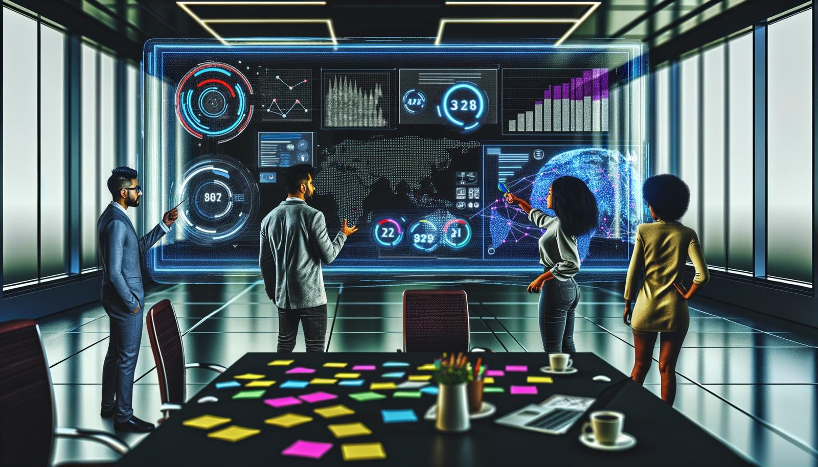 Futuristisches Büro mit digitalem Marketingteam, das vor einem großen Bildschirm mit Analysedaten, Social Media Feeds und SEO-Grafiken zusammenarbeitet.