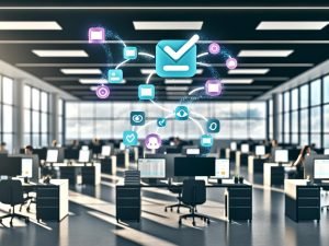 Modernes Büro mit Slack im Dunkelmodus, diversen Mitarbeitern und leuchtenden Workflow-Icons. Automatisierte Datenströme verbinden digitale Formulare mit App-Icons wie Google Sheets, Salesforce, Zapier und Make.