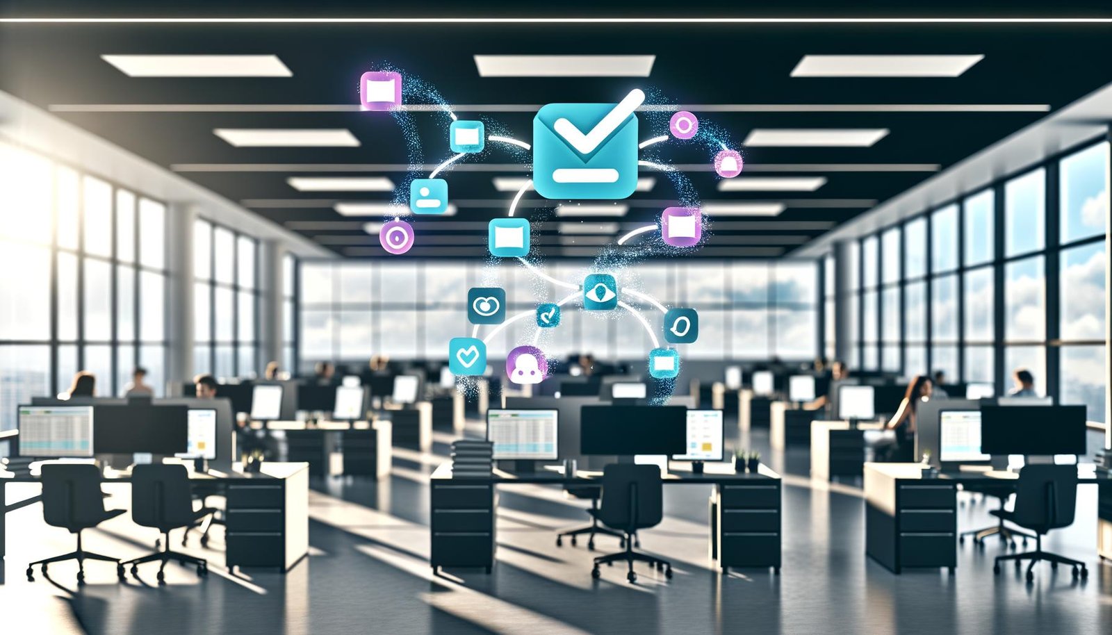 Modernes Büro mit Slack im Dunkelmodus, diversen Mitarbeitern und leuchtenden Workflow-Icons. Automatisierte Datenströme verbinden digitale Formulare mit App-Icons wie Google Sheets, Salesforce, Zapier und Make.