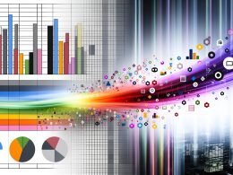 Editorialbild mit nüchternem Excel-Sheet links, bunter Datenvisualisierung rechts und abstraktem Datenstrom in einer modernen Business-Umgebung.