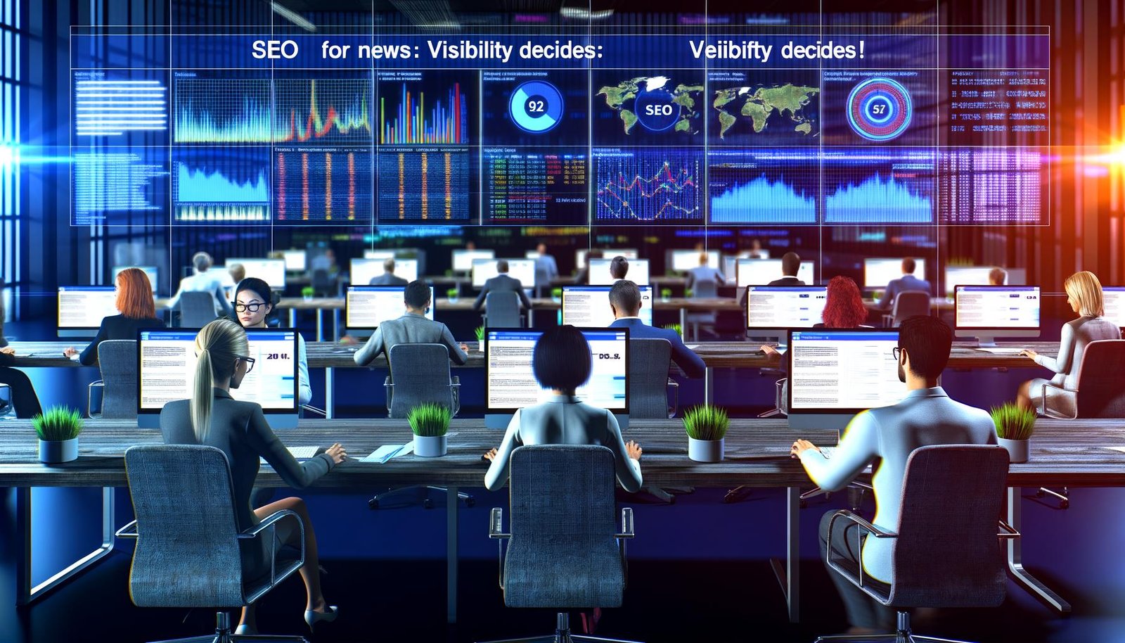 Moderne Redaktion im digitalen Newsroom mit Journalisten, die vor Computern und großen Bildschirmen mit SEO-Analysen, Diagrammen und Google-Rankings arbeiten.