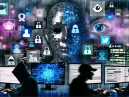 Cyberpunk-Collage mit transparentem Gesicht, digitalen Fragmenten, überwachten Monitoren und maskierten Personen vor Bankgebäuden in blau-lila Farbstimmung.