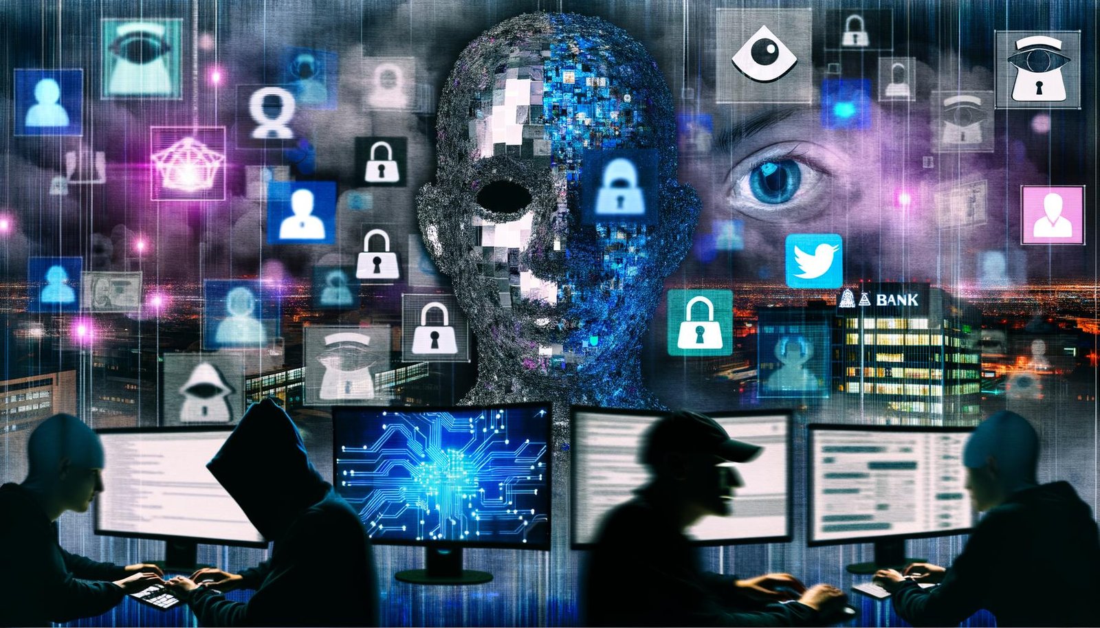 Cyberpunk-Collage mit transparentem Gesicht, digitalen Fragmenten, überwachten Monitoren und maskierten Personen vor Bankgebäuden in blau-lila Farbstimmung.