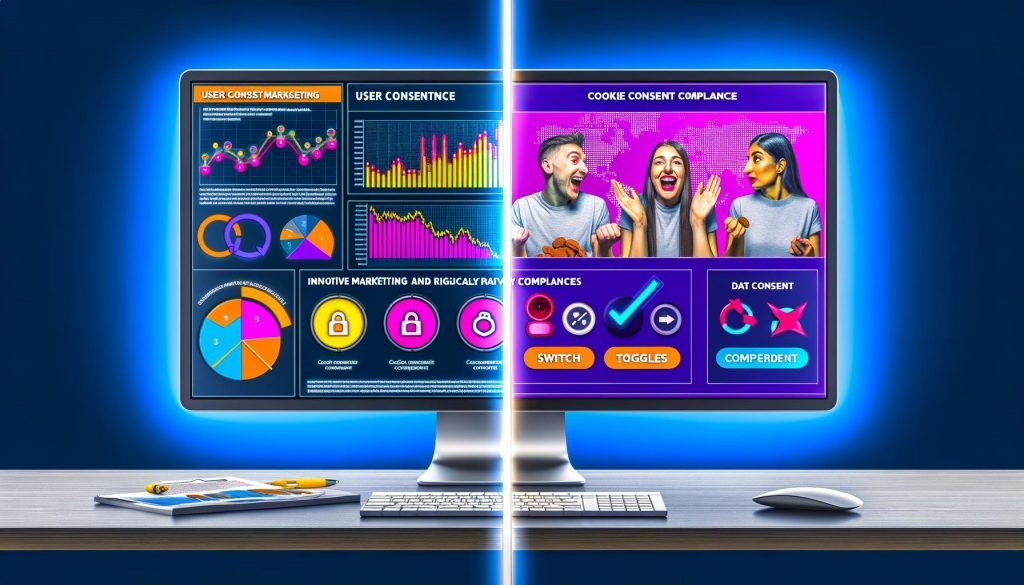 Modernes Desktop-Setup mit Usercentrics Dashboard und Cookie-Banner, daneben ein glücklicher Marketer und ein seriöser Datenschutzbeauftragter vor geteiltem Hintergrund.