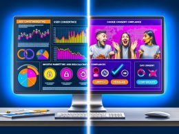Modernes Desktop-Setup mit Usercentrics Dashboard und Cookie-Banner, daneben ein glücklicher Marketer und ein seriöser Datenschutzbeauftragter vor geteiltem Hintergrund.