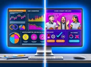 Modernes Desktop-Setup mit Usercentrics Dashboard und Cookie-Banner, daneben ein glücklicher Marketer und ein seriöser Datenschutzbeauftragter vor geteiltem Hintergrund.