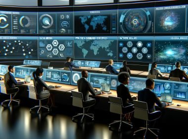 PR-Profis arbeiten in einem modernen digitalen Kommandocenter mit Analysebildschirmen, Netzwerkdiagrammen und Social Media Feeds.
