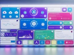 Modernes Dashboard-Interface mit Slack-Farben, Live-Daten, SaaS-App-Logos wie Jira, GitHub und Salesforce sowie Workflow-Diagrammen und Code-Ausschnitten.