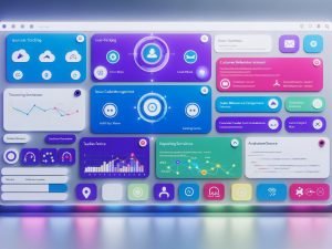 Modernes Dashboard-Interface mit Slack-Farben, Live-Daten, SaaS-App-Logos wie Jira, GitHub und Salesforce sowie Workflow-Diagrammen und Code-Ausschnitten.