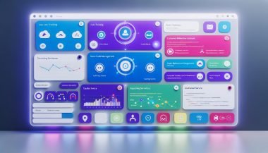 Modernes Dashboard-Interface mit Slack-Farben, Live-Daten, SaaS-App-Logos wie Jira, GitHub und Salesforce sowie Workflow-Diagrammen und Code-Ausschnitten.