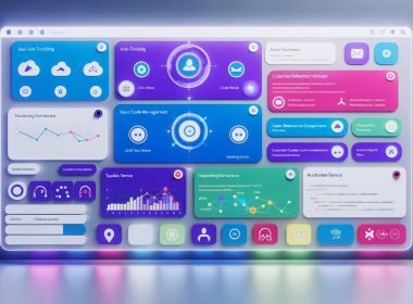 Modernes Dashboard-Interface mit Slack-Farben, Live-Daten, SaaS-App-Logos wie Jira, GitHub und Salesforce sowie Workflow-Diagrammen und Code-Ausschnitten.