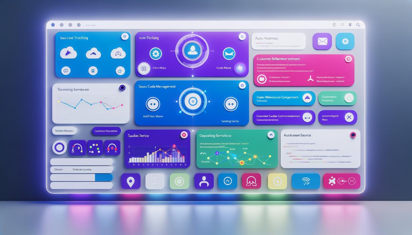 Modernes Dashboard-Interface mit Slack-Farben, Live-Daten, SaaS-App-Logos wie Jira, GitHub und Salesforce sowie Workflow-Diagrammen und Code-Ausschnitten.