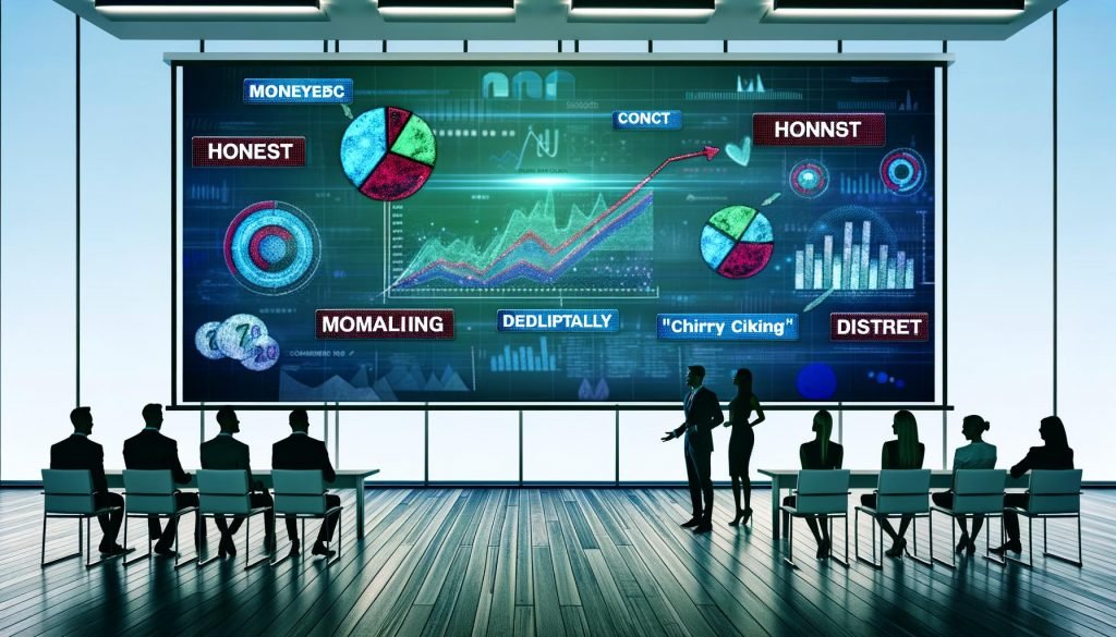 Illustration eines Präsentationsraums mit Business-Figuren vor großem Bildschirm, der ehrliche und manipulierte Diagramme zeigt, Fokus auf Datenintegrität vs. Falschdarstellung.