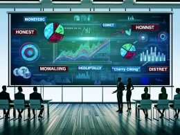 Illustration eines Präsentationsraums mit Business-Figuren vor großem Bildschirm, der ehrliche und manipulierte Diagramme zeigt, Fokus auf Datenintegrität vs. Falschdarstellung.