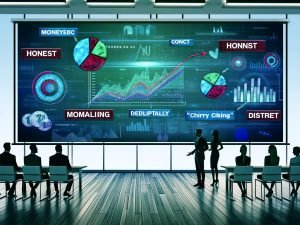 Illustration eines Präsentationsraums mit Business-Figuren vor großem Bildschirm, der ehrliche und manipulierte Diagramme zeigt, Fokus auf Datenintegrität vs. Falschdarstellung.