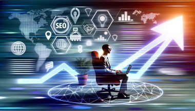 Illustration eines modernen Business-Bloggers am Laptop vor einem digitalen Dashboard mit aufsteigenden Traffic-Kurven, SEO-Grafiken und vernetzten Content-Clustern sowie Symbolen für technische SEO.