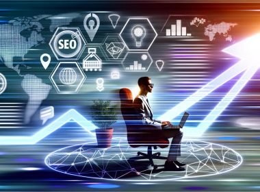 Illustration eines modernen Business-Bloggers am Laptop vor einem digitalen Dashboard mit aufsteigenden Traffic-Kurven, SEO-Grafiken und vernetzten Content-Clustern sowie Symbolen für technische SEO.