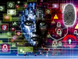 Abstraktes, teils menschliches, teils künstliches Porträt aus digitalen Fragmenten mit Fingerabdruck, Personalausweis- und Social-Media-Elementen vor bedrohlicher Daten- und Warnsymbol-Kulisse.