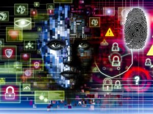 Abstraktes, teils menschliches, teils künstliches Porträt aus digitalen Fragmenten mit Fingerabdruck, Personalausweis- und Social-Media-Elementen vor bedrohlicher Daten- und Warnsymbol-Kulisse.