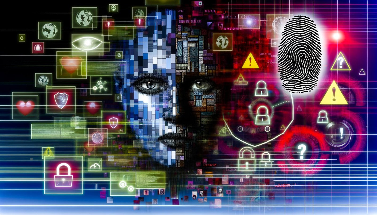 Abstraktes, teils menschliches, teils künstliches Porträt aus digitalen Fragmenten mit Fingerabdruck, Personalausweis- und Social-Media-Elementen vor bedrohlicher Daten- und Warnsymbol-Kulisse.