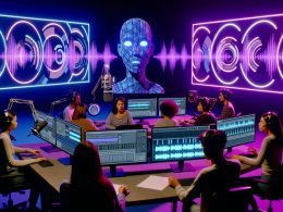 Futuristisches Studio mit Neonlicht, Content Creators an Workstations, KI-basierte Audio-Tools, holografische Interfaces und große TikTok- sowie Instagram-Logos im Hintergrund