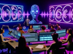 Futuristisches Studio mit Neonlicht, Content Creators an Workstations, KI-basierte Audio-Tools, holografische Interfaces und große TikTok- sowie Instagram-Logos im Hintergrund