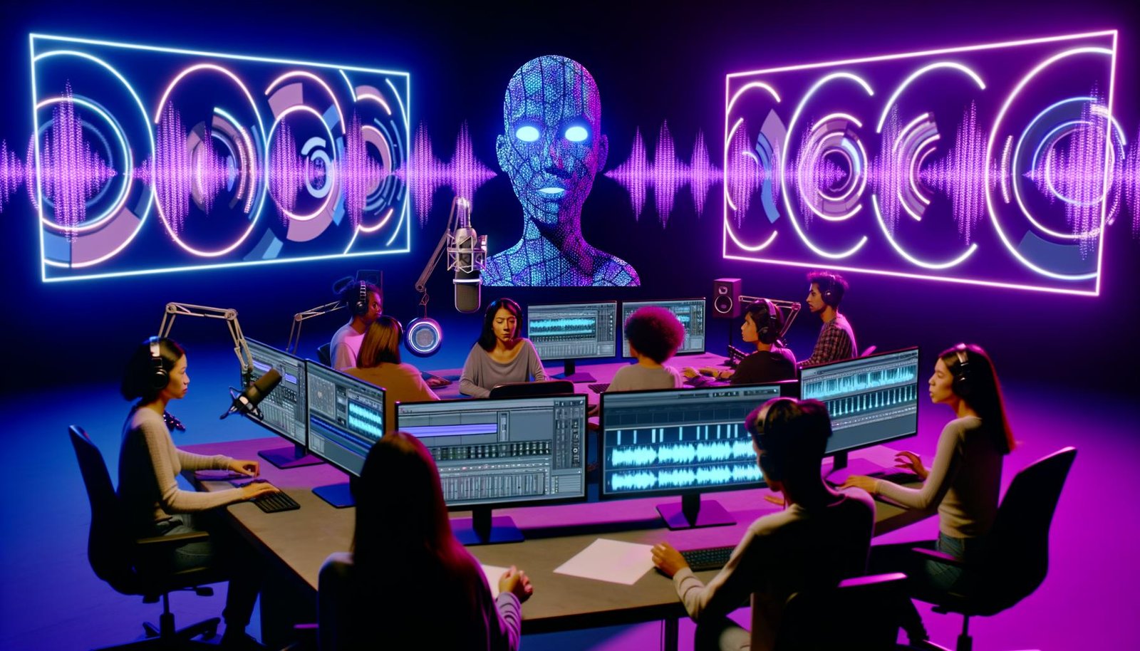 Futuristisches Studio mit Neonlicht, Content Creators an Workstations, KI-basierte Audio-Tools, holografische Interfaces und große TikTok- sowie Instagram-Logos im Hintergrund