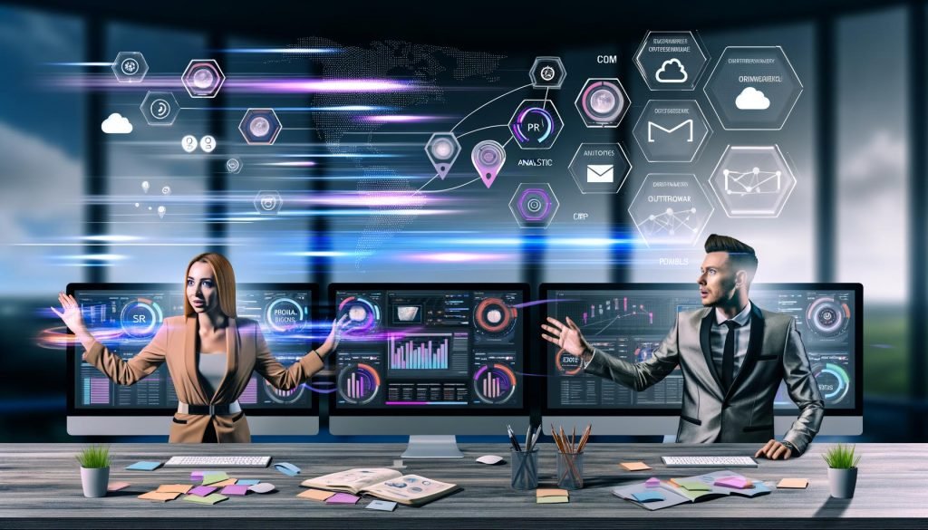 Junger Mann und Frau arbeiten an einem modernen Schreibtisch mit mehreren Monitoren, vollgepackt mit PR-Dashboards, Analytics und digitalen Tools, umgeben von Notizen und digitalen Mindmaps, im Hintergrund abstrakte Datenvisualisierungen.
