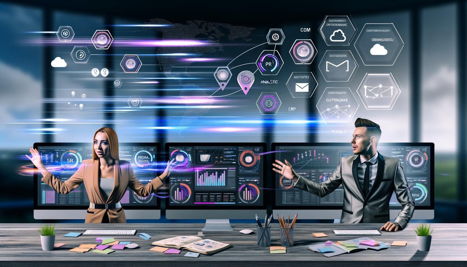 Junger Mann und Frau arbeiten an einem modernen Schreibtisch mit mehreren Monitoren, vollgepackt mit PR-Dashboards, Analytics und digitalen Tools, umgeben von Notizen und digitalen Mindmaps, im Hintergrund abstrakte Datenvisualisierungen.
