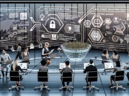 Online-Marketing-Expert:innen arbeiten in futuristischem Büro vor transparentem Usercentrics Consent Banner mit Daten-Dashboards und Sicherheits-Symbolen.