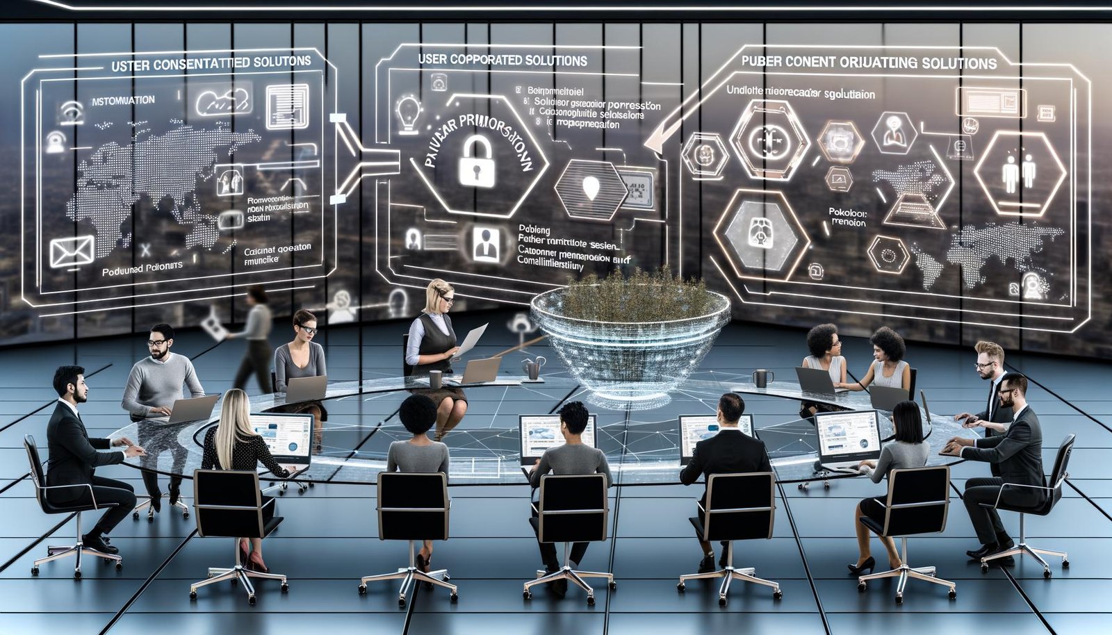 Online-Marketing-Expert:innen arbeiten in futuristischem Büro vor transparentem Usercentrics Consent Banner mit Daten-Dashboards und Sicherheits-Symbolen.