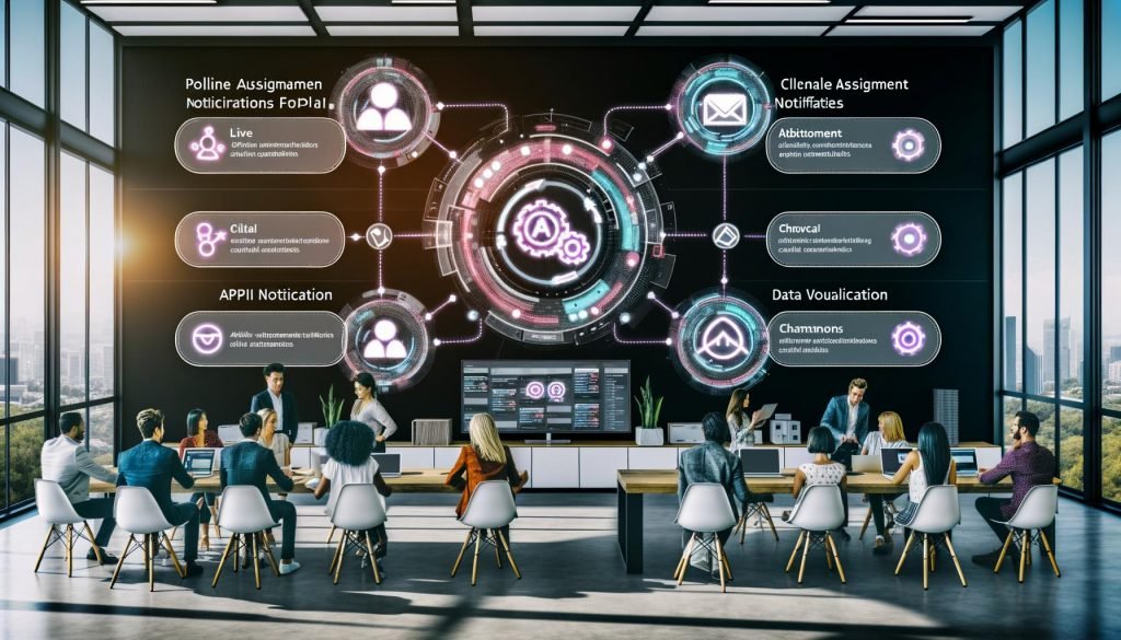 Büro mit diversen Profis am Arbeitsplatz, die um Laptops und große Monitore mit Slack-Kanälen sitzen, auf denen farbenfrohe automatische Lead-Benachrichtigungen angezeigt werden. Symbole für APIs und Integration, visuelle Datenströme zwischen Formularen, CRM-Logos und Dashboards im Hintergrund.