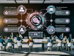 Büro mit diversen Profis am Arbeitsplatz, die um Laptops und große Monitore mit Slack-Kanälen sitzen, auf denen farbenfrohe automatische Lead-Benachrichtigungen angezeigt werden. Symbole für APIs und Integration, visuelle Datenströme zwischen Formularen, CRM-Logos und Dashboards im Hintergrund.