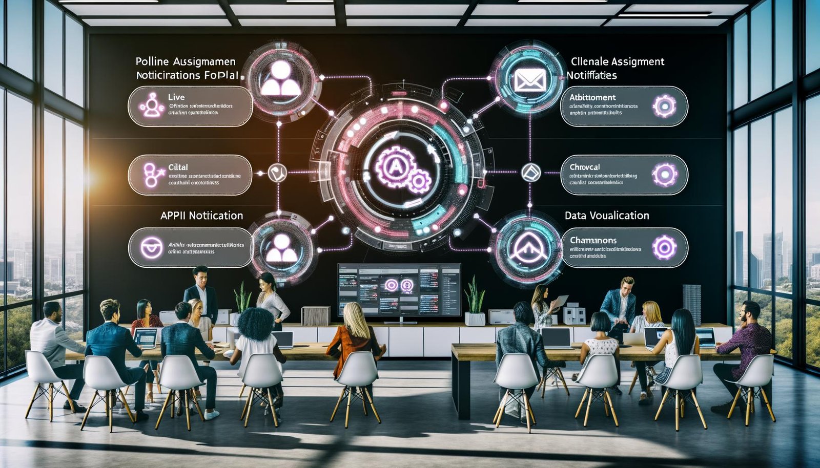 Büro mit diversen Profis am Arbeitsplatz, die um Laptops und große Monitore mit Slack-Kanälen sitzen, auf denen farbenfrohe automatische Lead-Benachrichtigungen angezeigt werden. Symbole für APIs und Integration, visuelle Datenströme zwischen Formularen, CRM-Logos und Dashboards im Hintergrund.