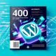 Futuristisches Titelbild mit WordPress-Logo, SEO-Widgets, UI-Elementen und abstrakten Codezeilen in Türkis, Blau und Orange, mit Magazinüberschrift.