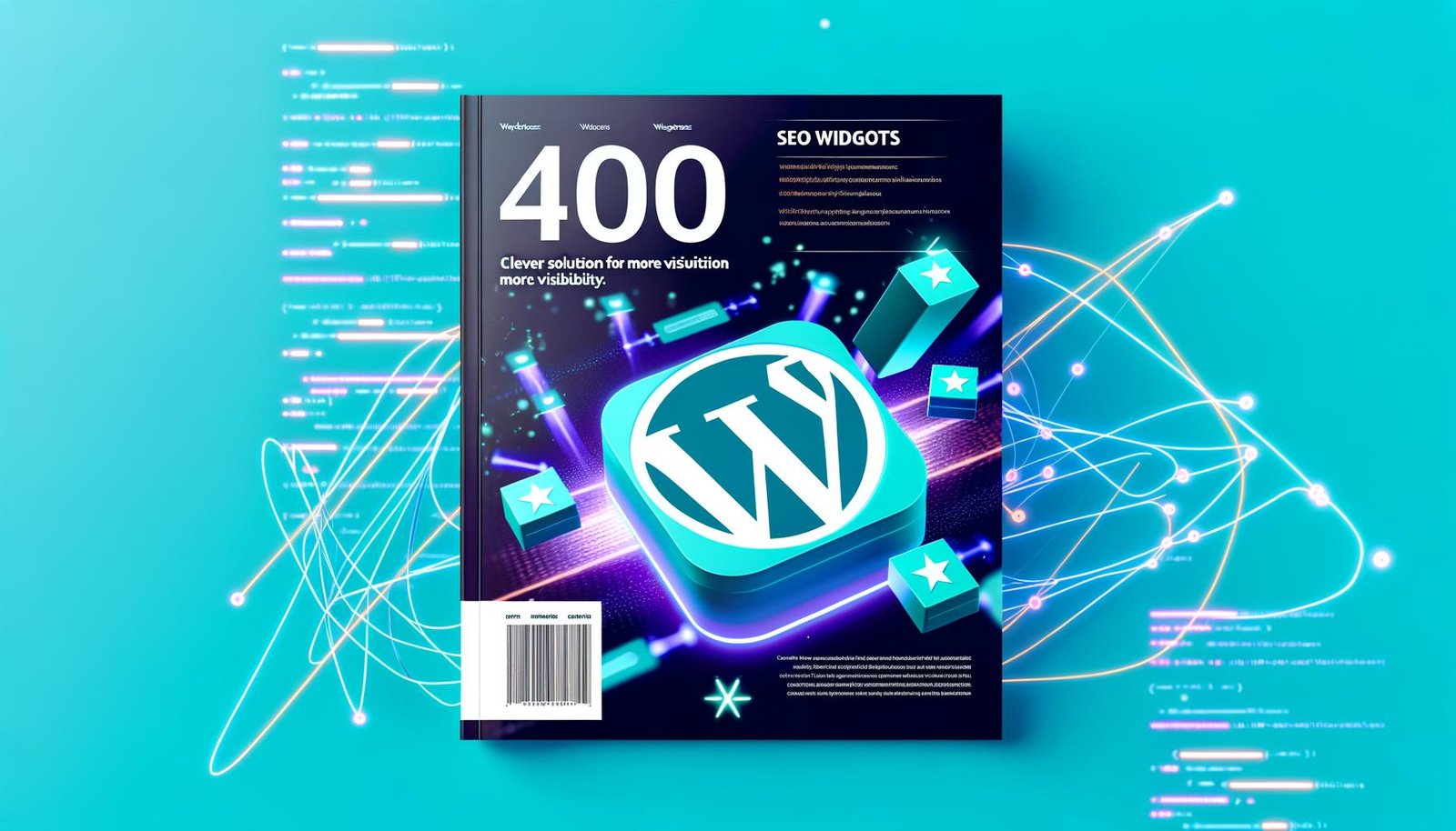 Futuristisches Titelbild mit WordPress-Logo, SEO-Widgets, UI-Elementen und abstrakten Codezeilen in Türkis, Blau und Orange, mit Magazinüberschrift.