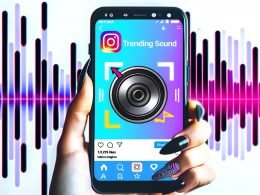 Stylisches Smartphone mit modernem Nageldesign zeigt Instagram Reel mit klarem Trending Sound-Symbol, umgeben von farbigen Soundwaves und Social-Media-Elementen.