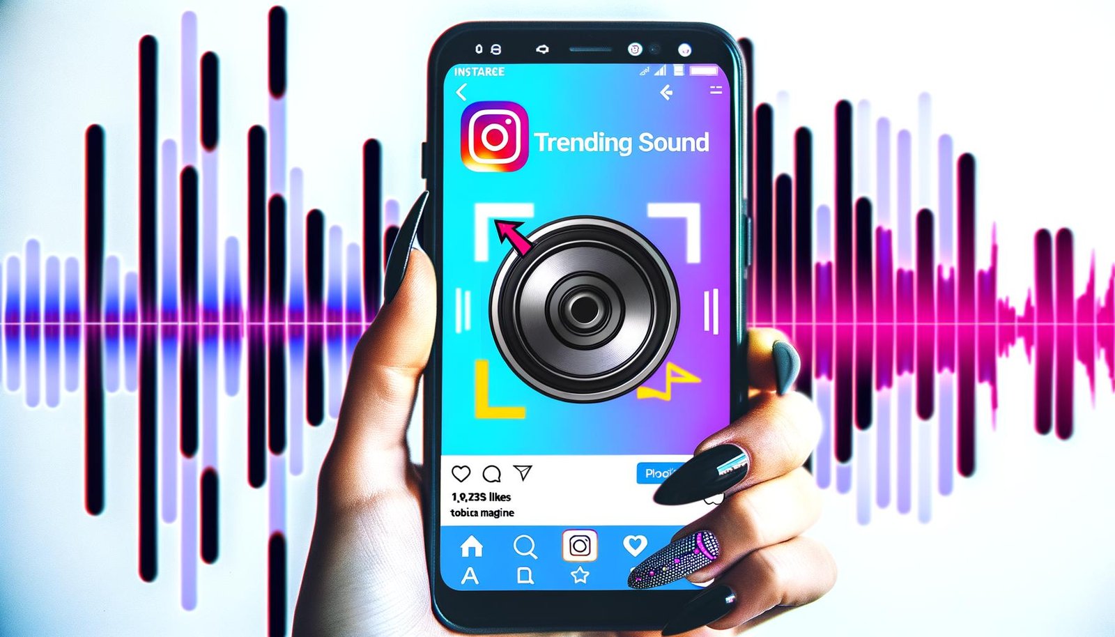 Stylisches Smartphone mit modernem Nageldesign zeigt Instagram Reel mit klarem Trending Sound-Symbol, umgeben von farbigen Soundwaves und Social-Media-Elementen.
