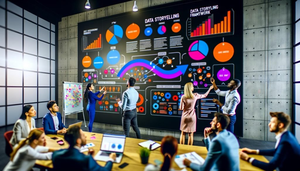 Team aus diversen Marketingexpertinnen und -experten arbeitet in einem modernen Büro intensiv an einem großen digitalen Dashboard mit bunten Diagrammen und Storytelling-Visuals.