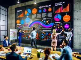 Team aus diversen Marketingexpertinnen und -experten arbeitet in einem modernen Büro intensiv an einem großen digitalen Dashboard mit bunten Diagrammen und Storytelling-Visuals.